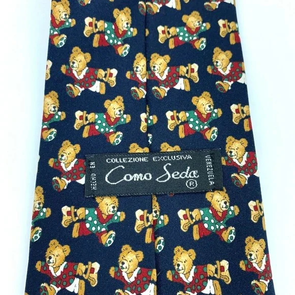 Como Seda Necktie Christmas Bear in Polka Dot Pj's Navy Blue Green Red White Tie - Picture 5 of 9